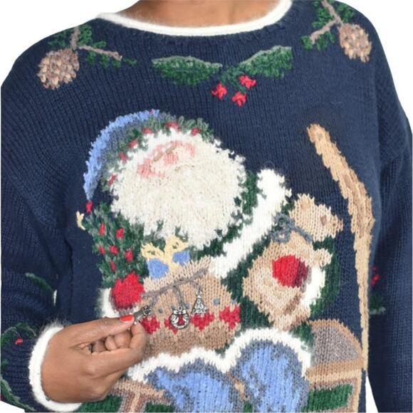 Ugly Christmas Sweater Santa Claus Vintage Northern Isles Tree Wreath Size Large - Picture 1 of 14